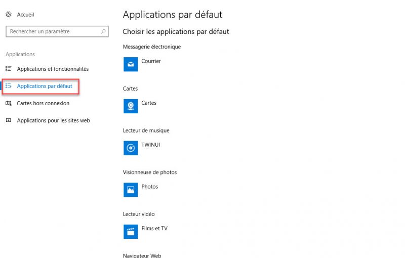 Logiciels par défaut Windows 10